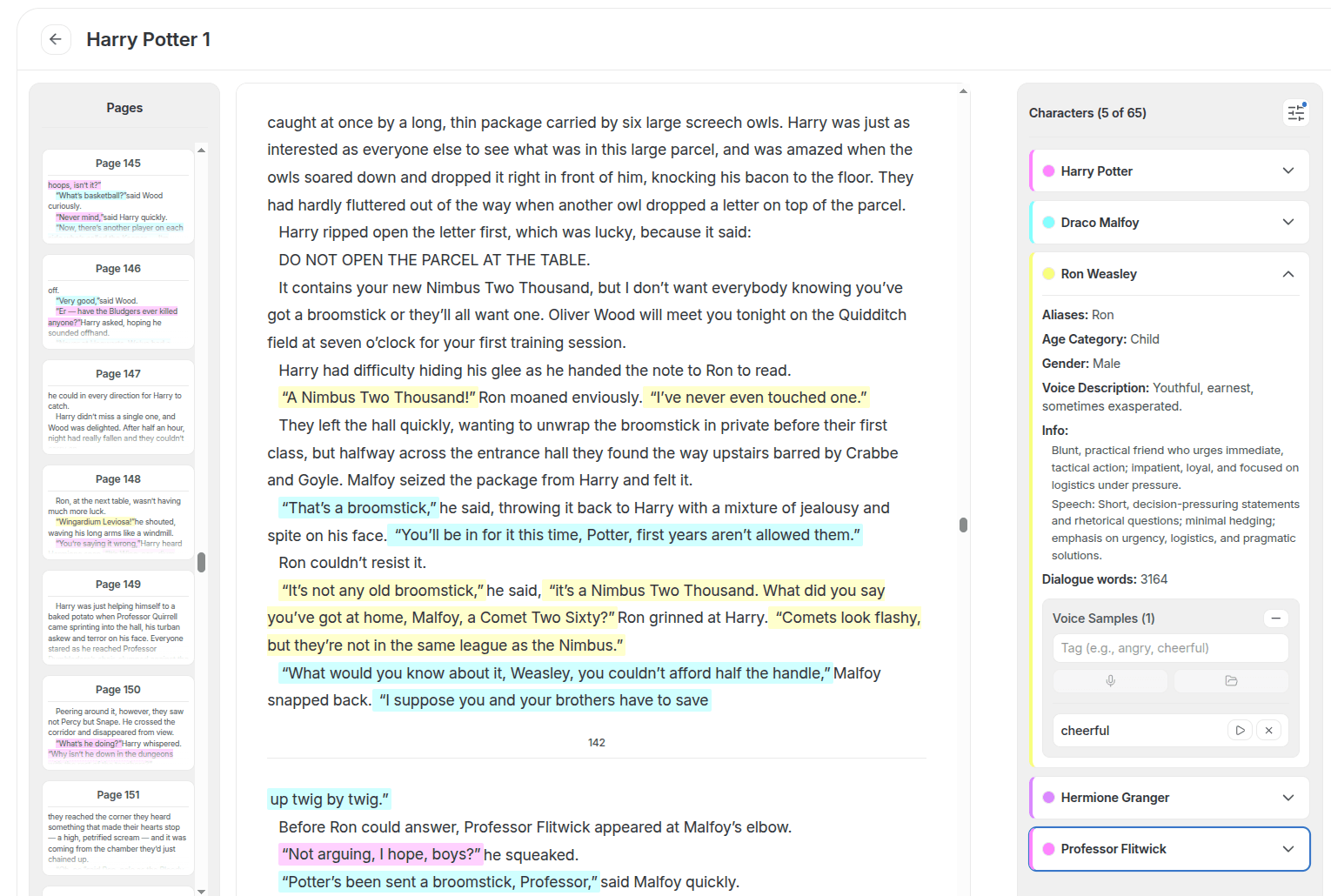 PrepBoss dialogue attribution view showing character speakers highlighted in the manuscript