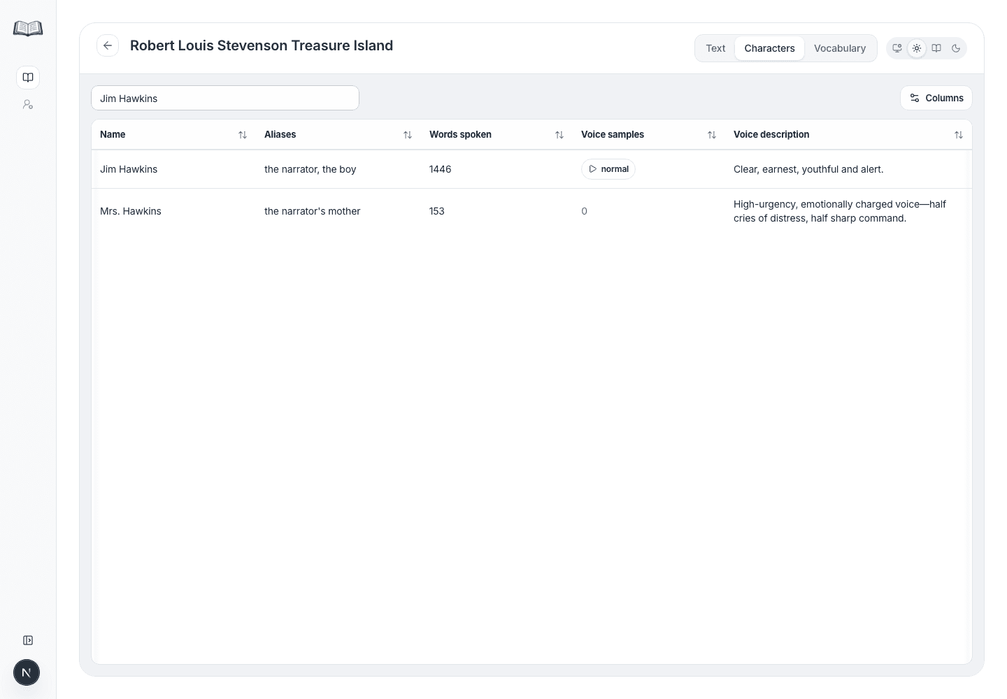 Characters table for the requested Treasure Island book with the app sidebar collapsed