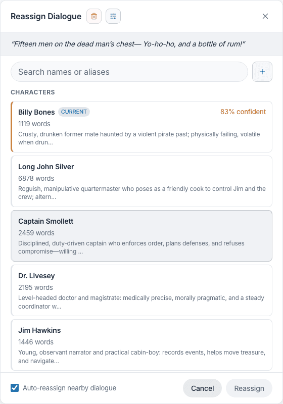 Reassign Dialogue modal with character search, current speaker marker, confidence, and auto-reassign nearby dialogue option