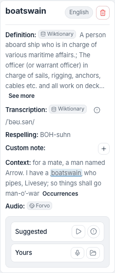 Vocabulary details panel for a Treasure Island term with definition, transcription, custom note, context, and audio controls