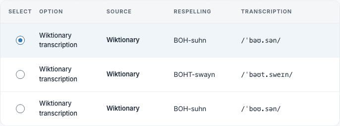 Wiktionary transcription options with selectable radio buttons for the requested Treasure Island vocabulary term